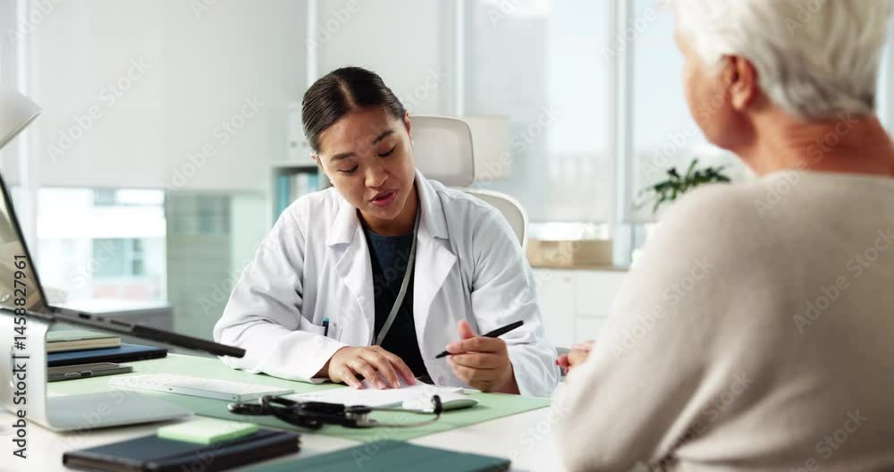 Senior patient, doctor and prescription with script for medical consultation, referral letter or diagnosis report. Healthcare, old woman and professional with paperwork at clinic for health checkup Senior patient, doctor and prescription with script for medical consultation, referral letter or diagnosis report. Healthcare, old woman and professional with paperwork at clinic for health checkup