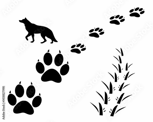 Wolf silhouette with paw prints and grass trail a captivating illustration of wildlife in motion Black and white graphic