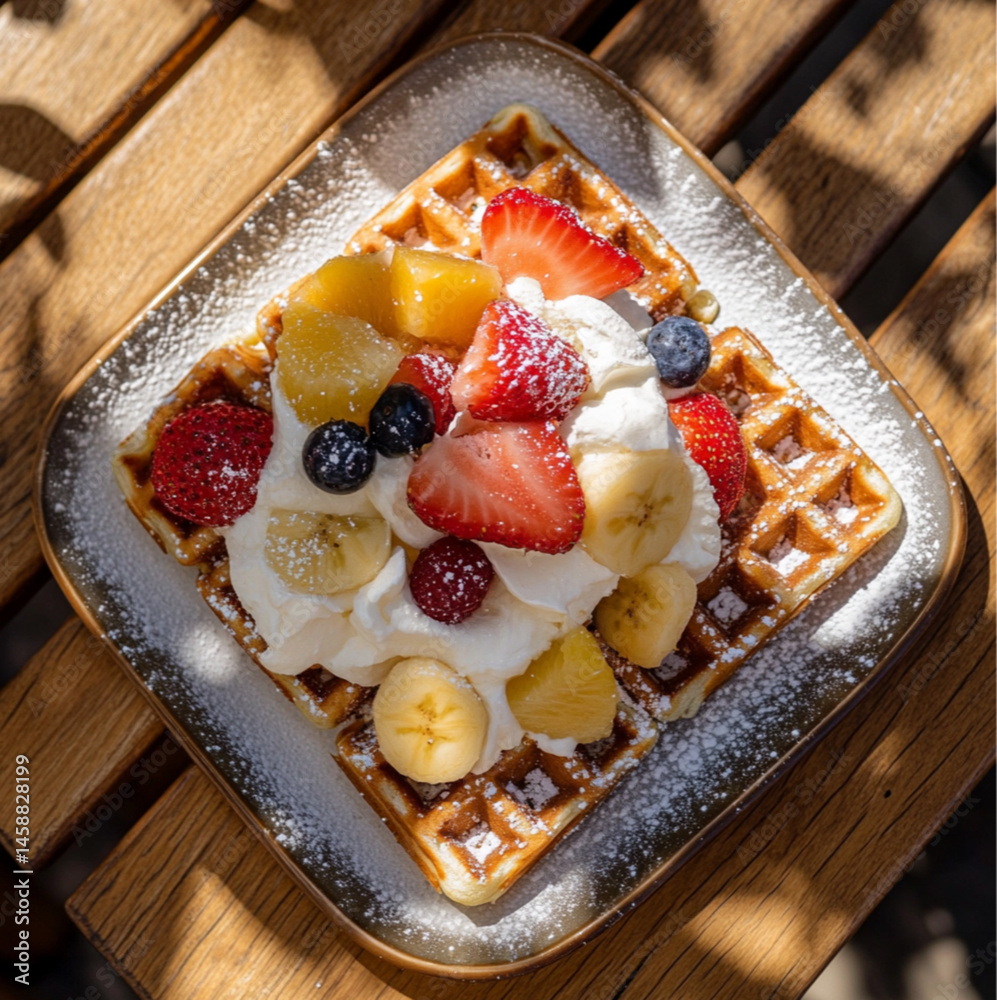 rectangular waffle with white cream and various fruits on top, placed on an outdoor table in the sun. The photo was taken from above, at close range