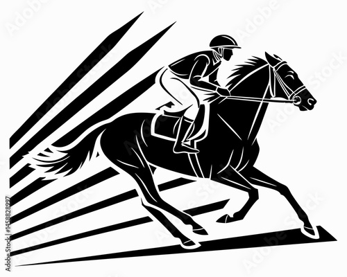 Jockey and horse racing thrilling speed black and white stylized graphic dynamic motion powerful equine energy intense