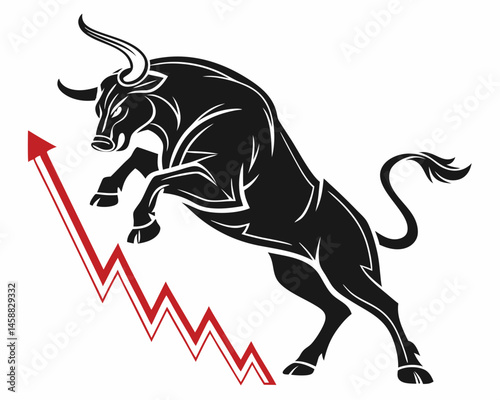 Powerful black bull charging upward symbolizing market growth and financial success Bold graphic design red arrow white