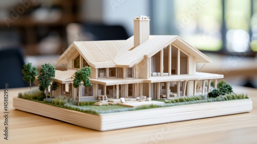 Model eco house design with cozy layered roofing and central chimney, showcased on pinewood table surface, enhanced with vibrant grass detail and diffused sunny bokeh backdrop