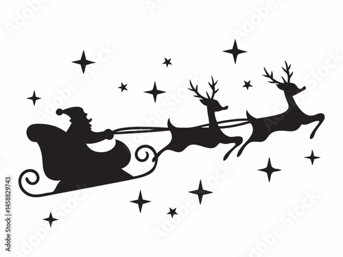 Santa s magical Christmas Eve flight Reindeer soar stars twinkle a joyful sleigh ride through the night sky Simple black