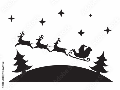 Santa s magical Christmas Eve flight reindeer soaring sleigh bells jingling starry night simple black silhouette festive