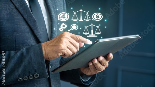 Businessman using digital tablet accessing legal technology concepts with law and justice related icons