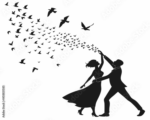 Elegant couple dancing releasing a flock of birds a symbolic image of love freedom and new beginnings in black