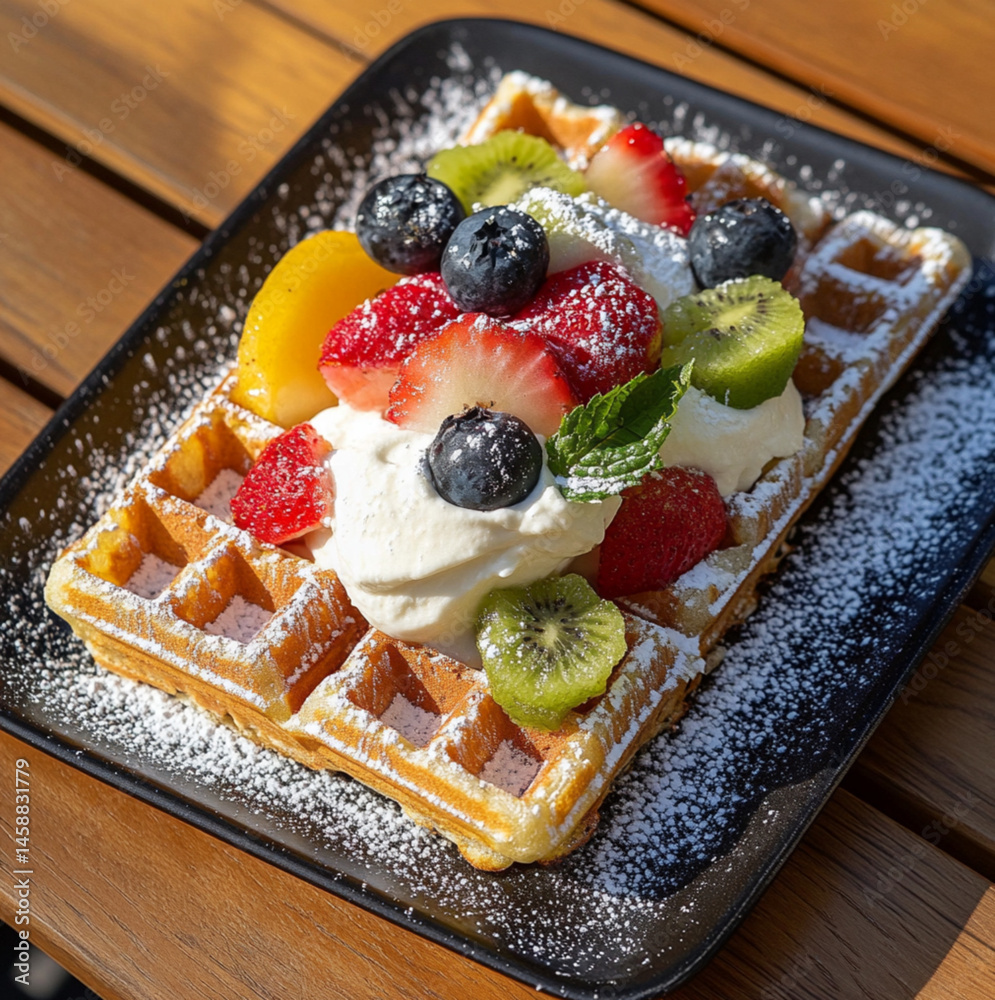 rectangular waffle with white cream and various fruits on top, placed on an outdoor table in the sun. The photo was taken from above, at close range