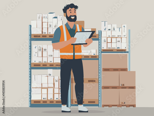  full-shot of a a person coordinating logistics in a warehouse holding a clipboard and directing staff,