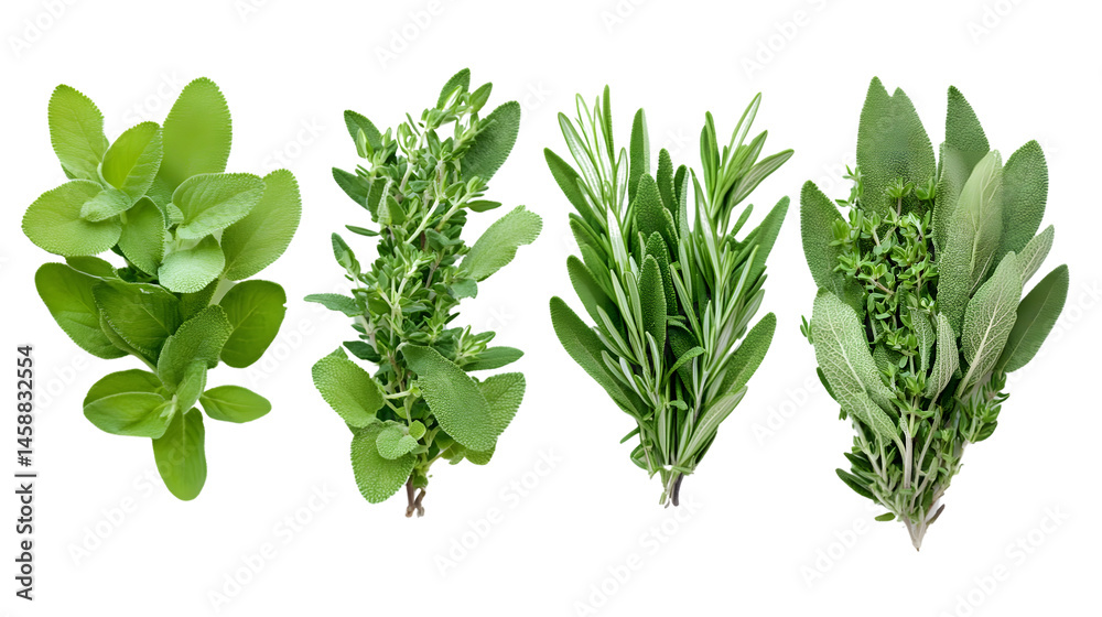 Obraz premium Fresh Herbs Rosemary, Marjoram, Sage and Thyme Collection on White Background