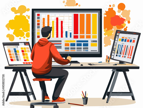  full-shot of a a person designing a business logo using graphic design software on a large monitor,3