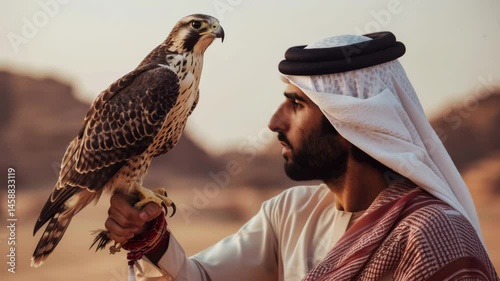 Man in traditional arab clothing holding a falcon in the desert landscape at golden hour light