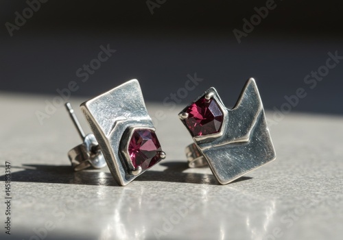 Geometric Silver Stud Earrings with Deep Red Gemstones