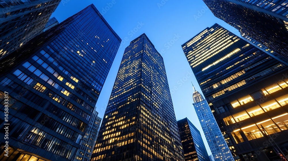 Obraz premium Night view of illuminated skyscrapers in a modern city, showcasing architectural details and a dynamic urban scene at dusk. : Generative AI