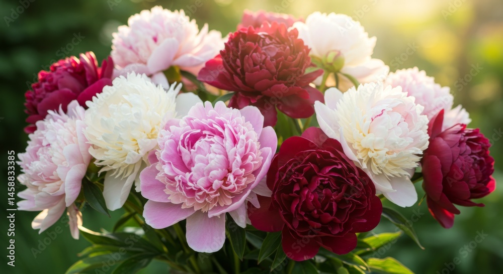 Vibrant Pink Red White Peonies Bouquet Closeup
