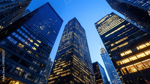 Night view of illuminated skyscrapers in a modern city, showcasing architectural details and a dynamic urban scene at dusk. : Generative AI