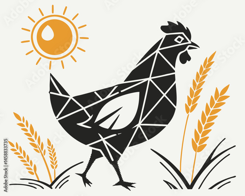 Early Morning Hen: A geometric illustration of a hen, amidst golden wheat and the rising sun. Embracing a rural, dawn setting, perfect for agriculture and farm concepts.