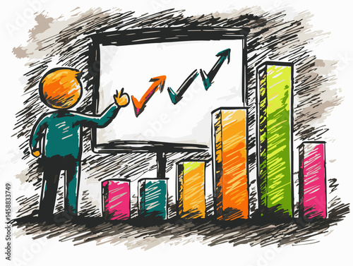  full-shot of a a person leading a brainstorming session standing by a flip chart with colorful markers,