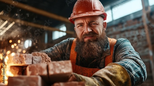 A smiling bricklayer poses confidently surrounded by bricks, reflecting a sense of pride in his work, highlighting the tangible results of his craftsmanship and effort.