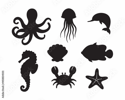 Ocean Life Silhouettes: A set of nine elegant and stylized silhouettes of diverse marine creatures, showcasing the beauty and diversity of underwater life.  