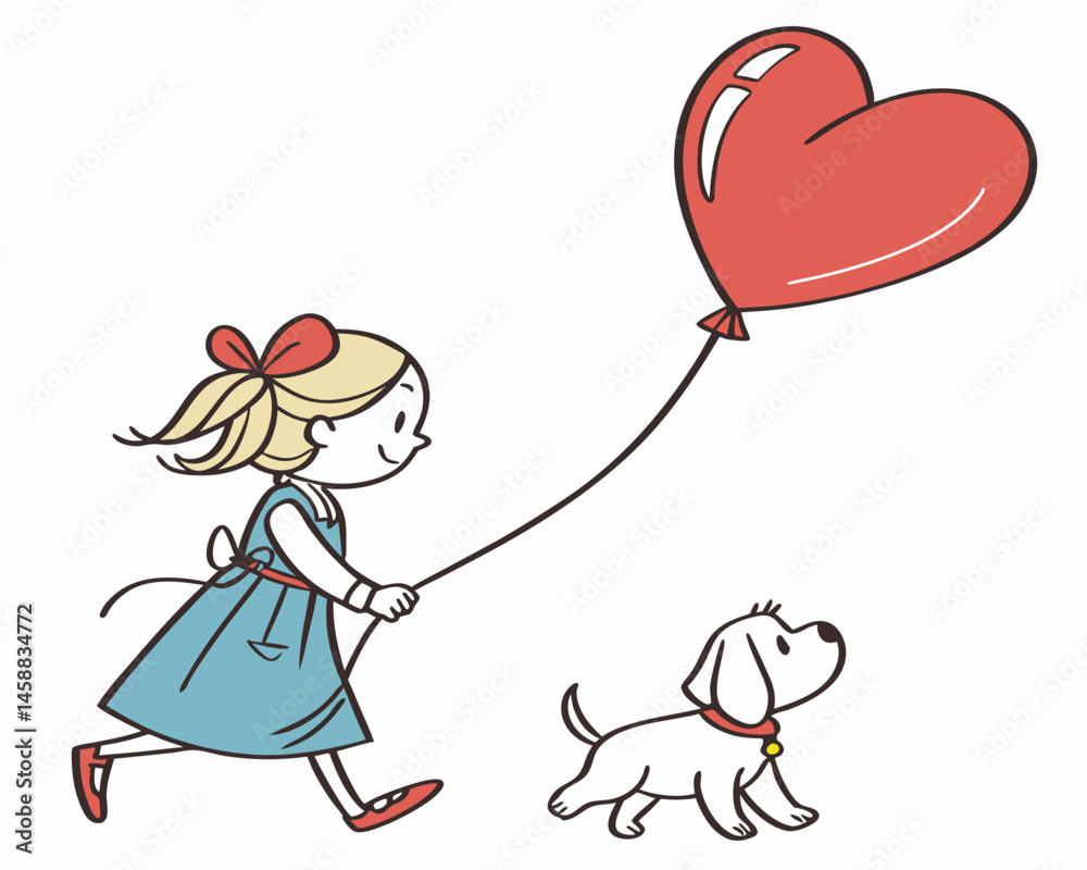 Childhood Love: In this charming illustration, a little girl with a heart-shaped balloon walks joyfully with her puppy, symbolizing pure and innocent affection. Childhood Love: In this charming illustration, a little girl with a heart-shaped balloon walks joyfully with her puppy, symbolizing pure and innocent affection.
