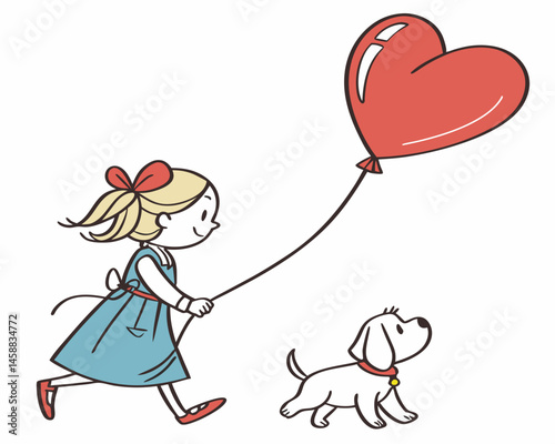 Childhood Love: In this charming illustration, a little girl with a heart-shaped balloon walks joyfully with her puppy, symbolizing pure and innocent affection.