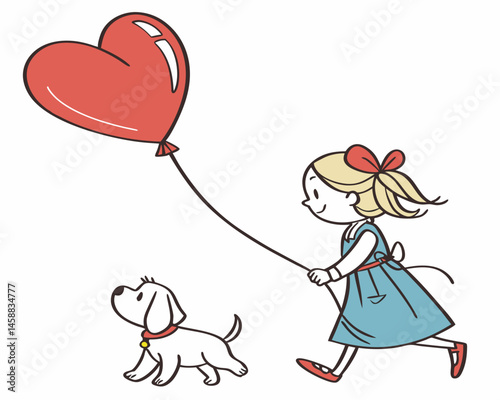 Heartfelt Companion: A cheerful young girl, radiating joy, skips along with her playful puppy, hand in hand with a heart-shaped balloon symbolizing pure love and boundless affection.