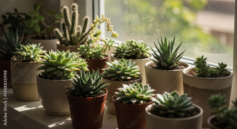 Collection of Succulents in Pots on Windowsill Collection of Succulents in Pots on Windowsill