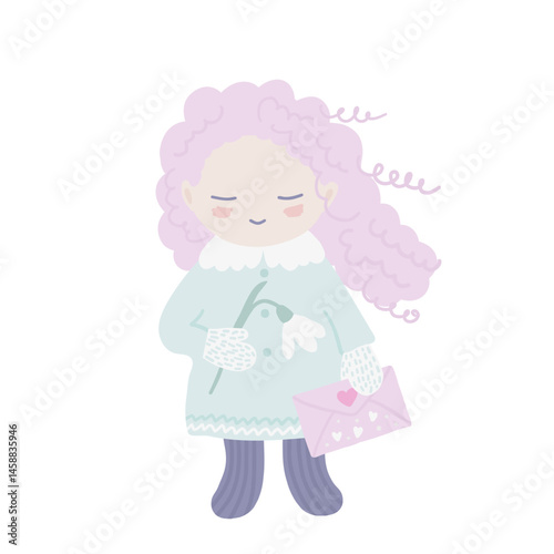 Joyful child holding a snowdrop and a love letter, cute character girl in pastel colors