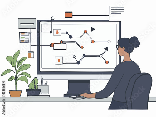  full-shot of a a person reviewing supply chain processes analyzing a flowchart on a computer screen,
