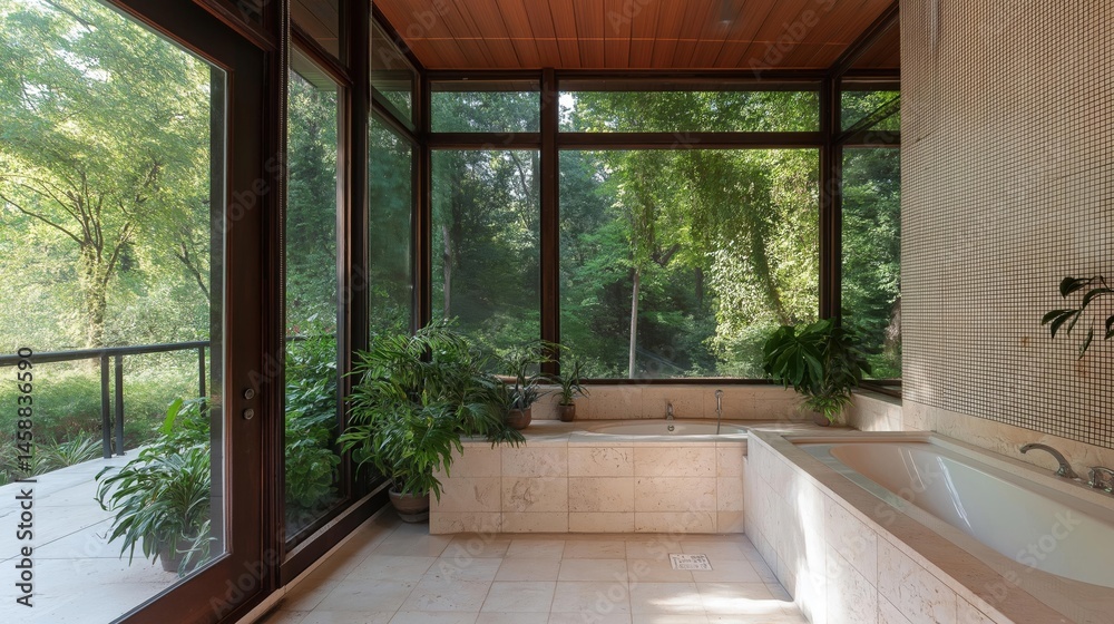 Fototapeta premium Modern bathroom with a large window that offers a view of the trees and greenery outside.