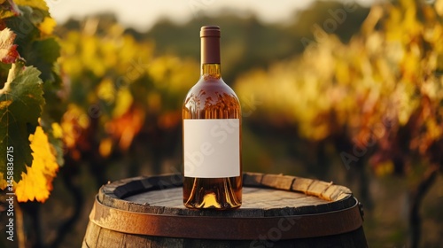 Ros Wine Bottle on Oak Barrel in Autumn Vineyard Warm Golden Light