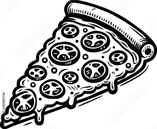 A black and white outline of a pizza slice featuring cheese and crust, drawn with bold lines. Perfect for coloring pages, illustrating delicious food, or other creative uses like doodle art designs