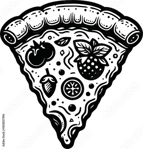A black and white outline of a pizza slice featuring cheese and crust, drawn with bold lines. Perfect for coloring pages, illustrating delicious food, or other creative uses like doodle art designs