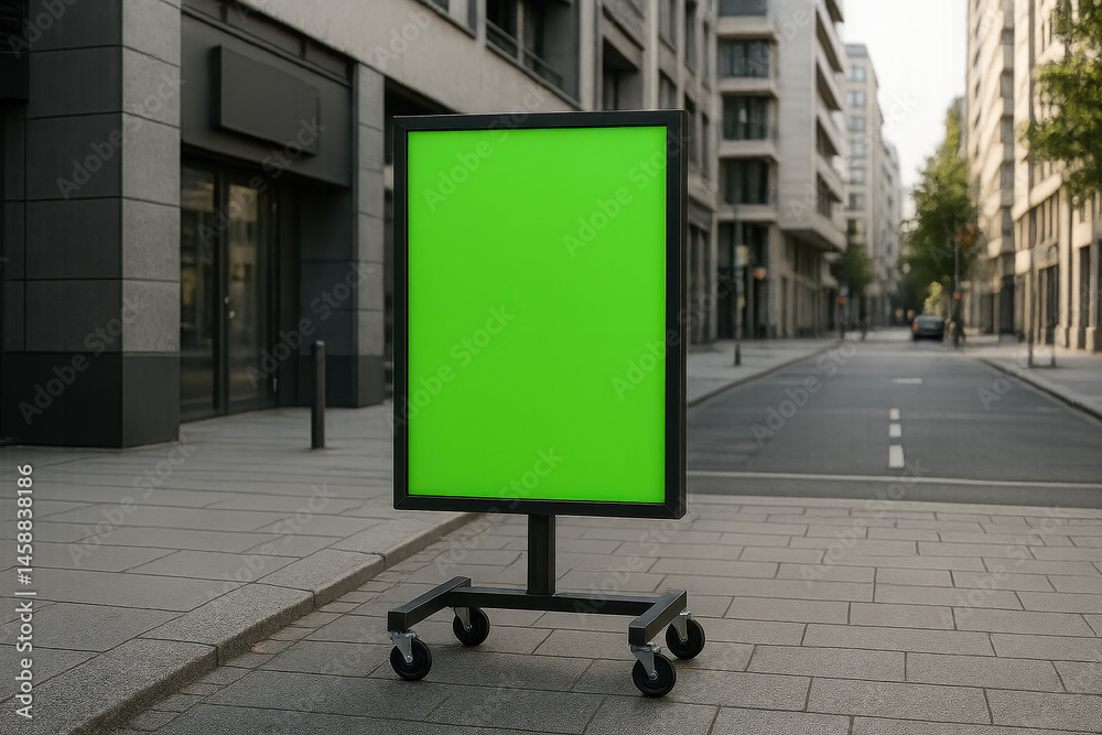 Blank Green Billboard on Street with Urban Background in Daylight
