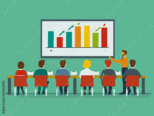  full-shot of a a person conducting a training session standing in front of a projector screen,