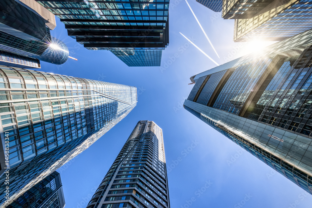 Looking directly up at the skyline of the financial district in central Frankfurt, Germany, modern architecture as a background