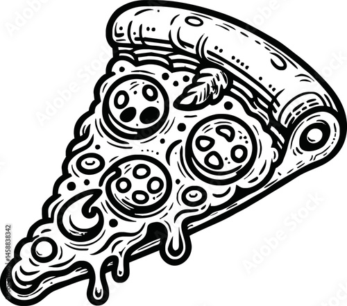 A black and white outline of a pizza slice featuring cheese and crust, drawn with bold lines. Perfect for coloring pages, illustrating delicious food, or other creative uses like doodle art designs