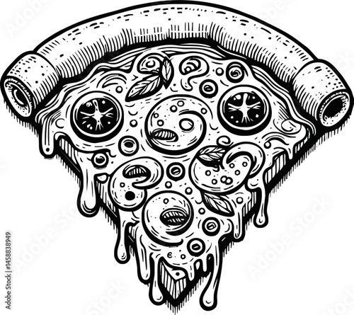 A black and white outline of a pizza slice featuring cheese and crust, drawn with bold lines. Perfect for coloring pages, illustrating delicious food, or other creative uses like doodle art designs