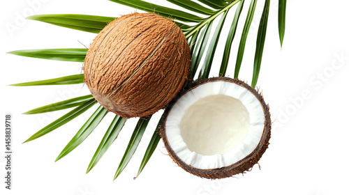 Fresh Whole Coconut and Half surrounded by Palm Leaf
