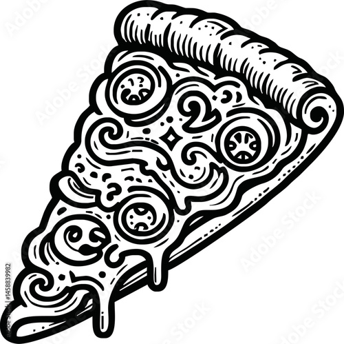 A black and white outline of a pizza slice featuring cheese and crust, drawn with bold lines. Perfect for coloring pages, illustrating delicious food, or other creative uses like doodle art designs