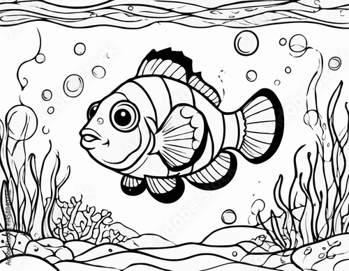 Black and white illustration of a fish swimming underwater  