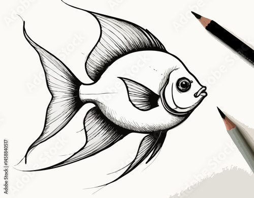 Black and White Sketch of a Fish with Drawing Tools  