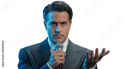 Adult Male Reporter Holding Microphone, Making a Doubtful Gesture Against Isolated Blue Background, Capturing Uncertainty and Curiosity