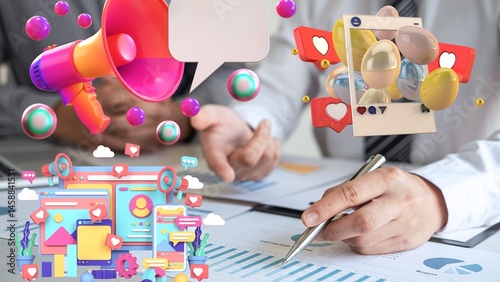 Colorful digital illustration of social media elements, including megaphones, social media icons (hearts, comments, likes), and website mockups, combined with business documents and hands.