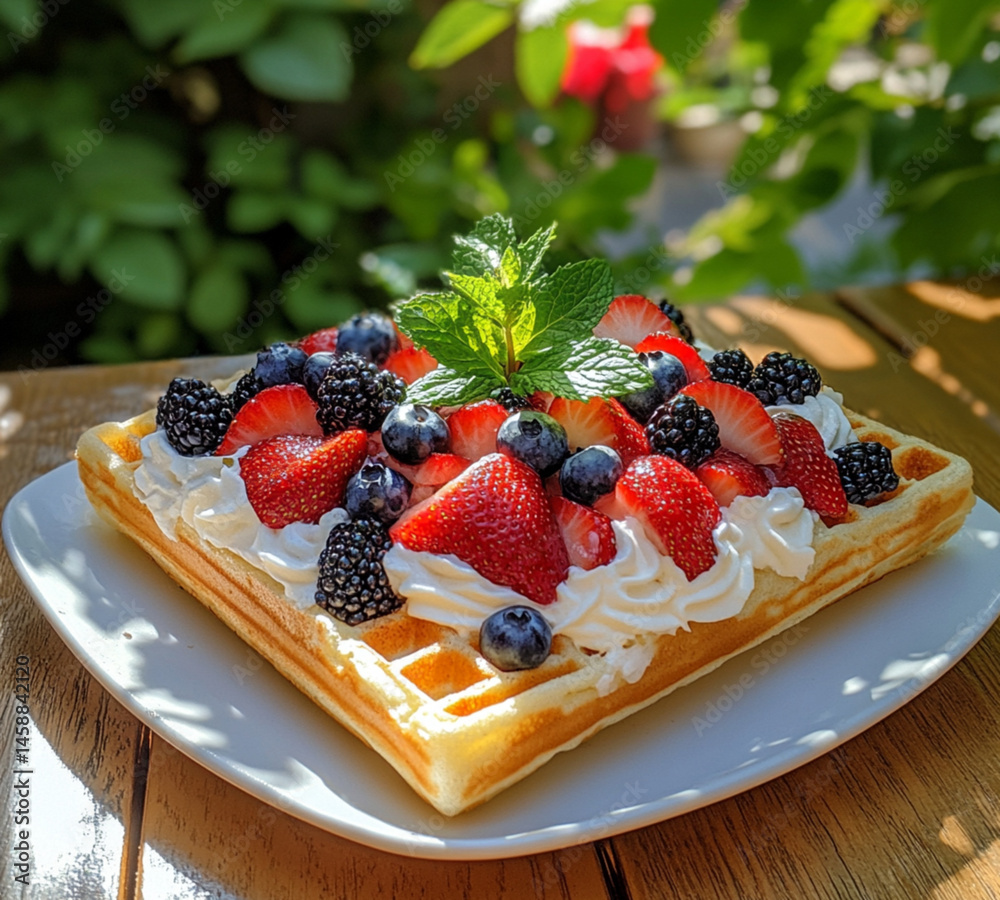 A square waffle with white cream and fruit, placed on an outdoor table at the summer park, On top of the waffle,strawberries, blueberries, grapes, and sliced peaches.