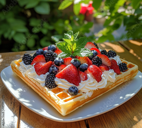 Obraz na płótnie A square waffle with white cream and fruit, placed on an outdoor table at the summer park, On top of the waffle,strawberries, blueberries, grapes, and sliced peaches. w salonie