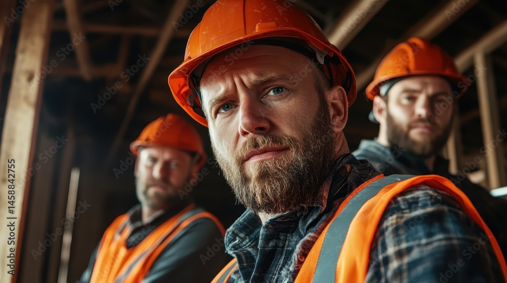 Three focused construction workers wearing hard hats and safety gear display teamwork and dedication, embodying resilience and strength in the construction industry. Three focused construction workers wearing hard hats and safety gear display teamwork and dedication, embodying resilience and strength in the construction industry.