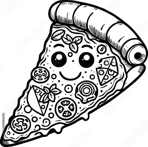 A black and white outline of a pizza slice featuring cheese and crust, drawn with bold lines. Perfect for coloring pages, illustrating delicious food, or other creative uses like doodle art designs