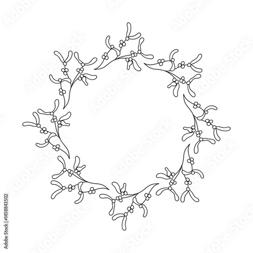 Detailed mistletoe wreath in outline style. Circular botanical frame with densely placed leaves and berries for Christmas greeting cards, labels, and festive packaging