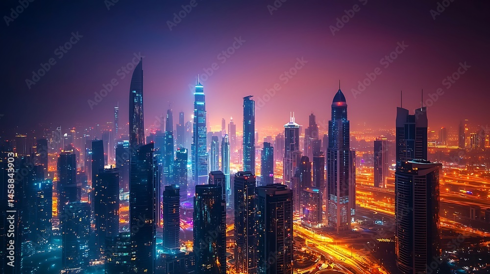 Fototapeta premium Night view skyscrapers lights high resolution picture